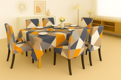 Image of Homerz Premium 6 Seater Dining Table Cloth with 6 Dining Chair Covers,Elastic Fitted Chair Slipcovers, Printed Polycotton Fabric, Table Cloth Size 60x90 inch (Halo)