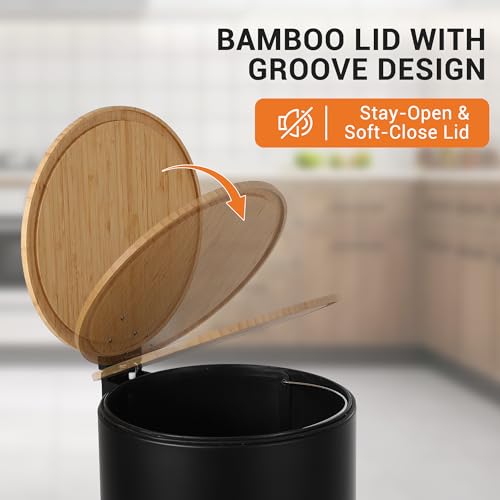 Papelera GAOMON de 30L con tapa bambú soft-close negra miniatura 4