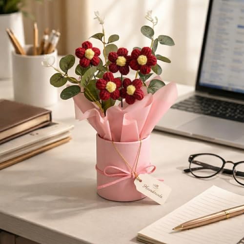 Image of Panchhi Store Handmade Crochet Flower Bouquet in Red Vase, Aesthetic Room Decor for Bedroom, Unique Birthday Gift for Women & Girls, Anniversary Couple, Boho Artificial Table Decoration Items 1 pcs