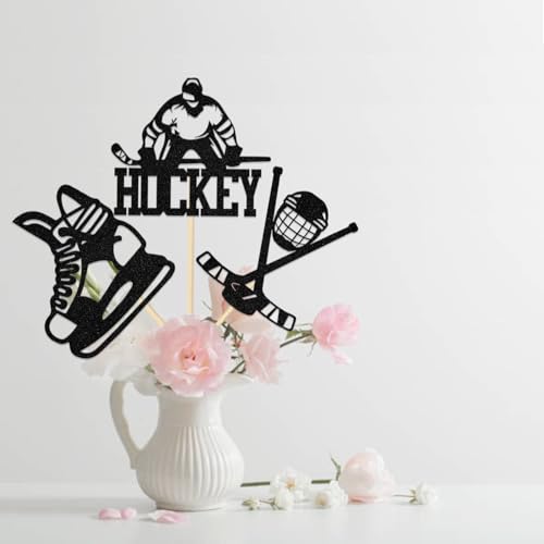 12Pcs Ice Hockey Happy Birthday Centerpiece Sticks Hockey Birthday Party Decoration Ice Hockey Sports Lovers Players Birthday Party Supplies Black Glitter - Thumbnail 6