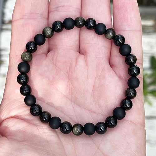 Black Onyx Tourmaline Bracelets for Women Men Triple Protection Obsidian Hematite Natural Crystal Elastic Adjustable Handmade Yoga Beads Bracelet Lucky Feng Shui Jewelry Spiritual Gift