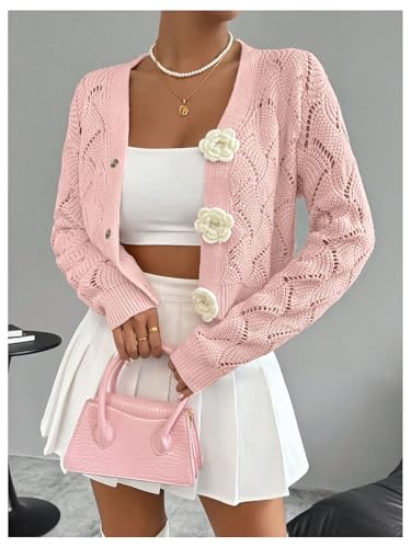 GORGLITTER Women's Button Up Cropped Cardigan Floral Fall Sweaters Long Sleeve Knit Crochet Tops Dressy Jackets3