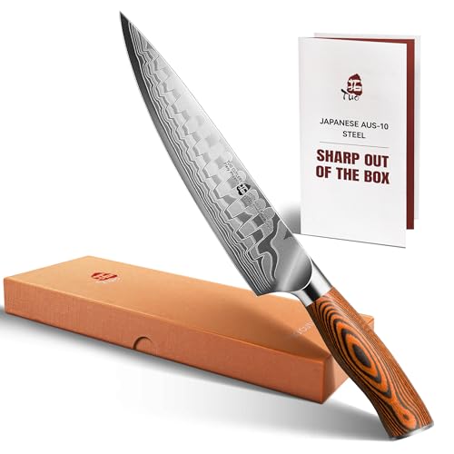 Image of TUO 8 inch Chef Knife in Japanese Steel AUS-10, 67 Layers Damascus Kitchen Knife, High Carbon Steel Blade with Dragon Pattern & Pakkawood Handle