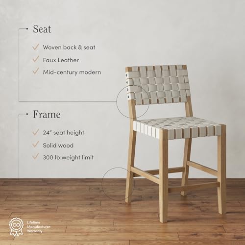 Image of Nathan James Cohen Mid Century Modern Bar Stool, Upholstered Faux Leather Counter Stool with Back and Solid Wood Legs, White