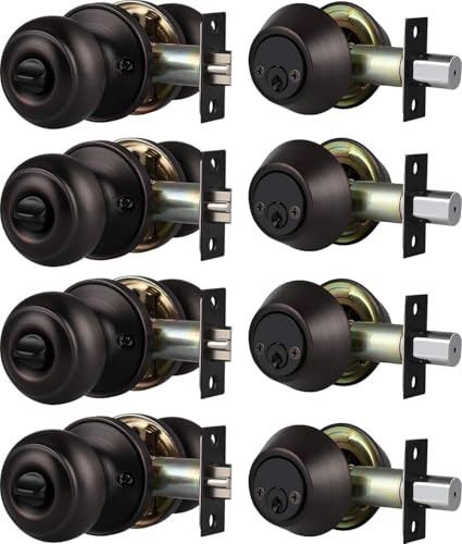 Brotima 4 Pack Keyed Alike Door Knob with Double Cylinder Deadbolt Lock Set, Oil Rubbed Bronze Door Lock Sets Exterior, Round Style Door Knob Deadbolt Combination Set
