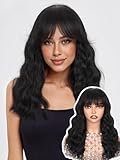 WIGNEE 100% Virgin Human Hair Natural Wave Wigs with Bangs Brazilian Human Hair Wave Wigs Natural Black Color (16 Inch)