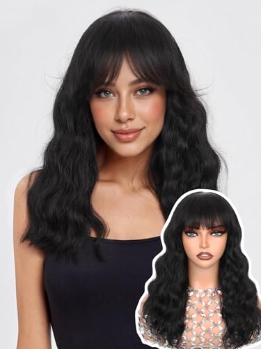 WIGNEE 100% Virgin Human Hair Natural Wave Wigs with Bangs Brazilian Human Hair Wave Wigs Natural Black Color (16 Inch)