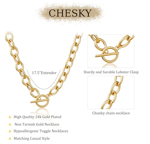CHESKY Chunky Gold Necklace for Women, Trendy 14K Gold Plated Paperclip Chain Necklace Thick Cross Heart Pendant Necklace Layered Herringbone Cuban Link Chain Toggle Necklaces Non Tarnish Jewelry 6