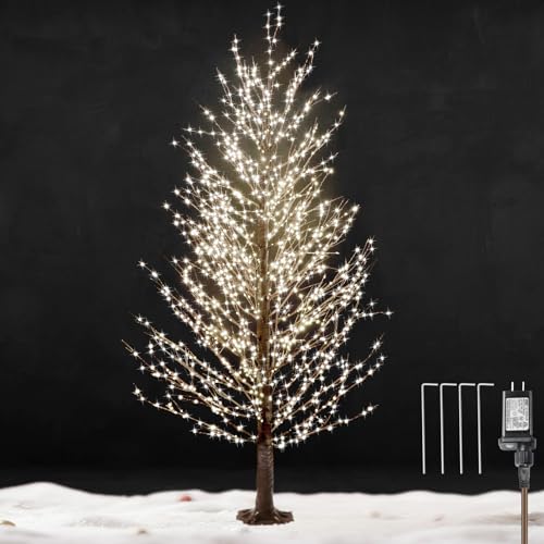 SAKWPOL 6FT Brown Lighted Birch Tree 1300LEDs Warm White Lights Xmas Twinkle Tree with Timer 8 Lighting Modes IP44 Waterproof Lighted Alpine Tree for Indoor Outdoor Festival Party Christmas Decor