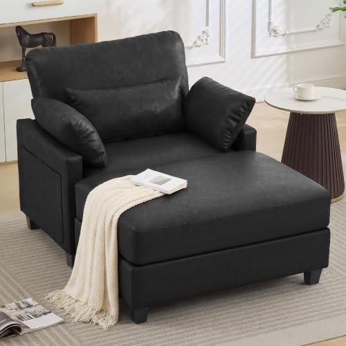 Image of 58 inch Oversized Faux Leather Chaise Lounge Chair Indoor, Mid Century Modern Accent Chair with Ottoman, Deep Seat Comfy Reading Chair with Side Pocket, Single Sofa Armchair for Living Room Bedroom,Black
