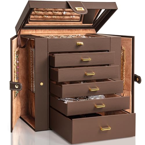 AKOZLIN Large 6-Tier Jewelry Box Organizer Functional Huge Lockable,5 Drawers Leather Jewelry Storage Case for Women Girls Ring Necklace Earring Bracelet Holder Organizer with Mirror Brown