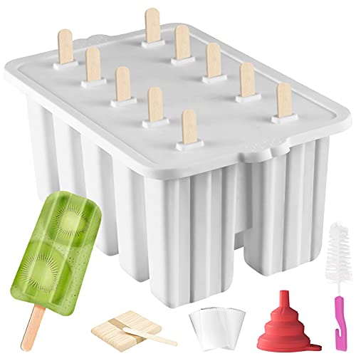 Silicone Popsicle Molds Popsicle Maker,10 Cavity Homemade ICE Pop Molds Food Grade BPA-Free Popsicle Mold with Popsicle Sticks Popsicle Bags A Funnel,Cleaning Brush Popcycle mold