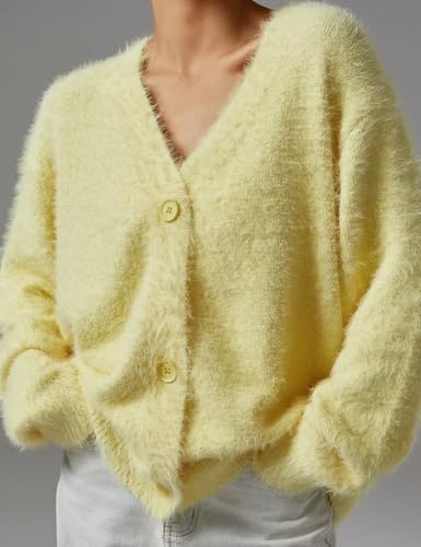 Image of COZYPOIN Womens Fuzzy Cardigan Sweater V Neck Button Down Soft Knit Coat | Loose, Comfy, Slouchy Drop Shoulder, Long Sleeve Fluffy Mohair, Warm, For Daily Work Holiday, Spring Fall Winter Fashion