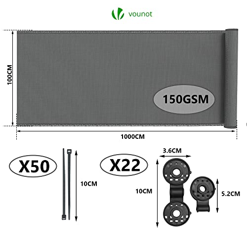 VOUNOT® Zaunblende 1×10m, Sichtschutz Zaun 150 g/m² HDPE Schattiernetz, Windschutz UV-resistent Reißfest, 85% Beschattungsgrad, mit Löcher und Kabelbinder, Grau