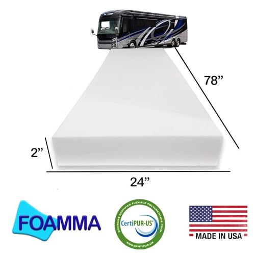 Foamma 2” x 24” x 78” Truck, Camper, RV High-Density Bunk Mattress Topper Foam Replacement, Made in USA, Comfortable, Travel Trailer, CertiPUR-US Certified, Cover Not Included