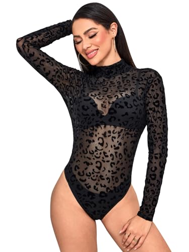 BALAYSIER Mesh Body Damen Langarm Hohe Elastizität Bodysuit Women Hohen Kragen Sexy Bodys für Partys und Raves(Schwarzer Leopard,M)