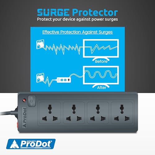 Image of Prodot 4 Universal Sockets Surge Protector with 2.5m Heavy-Duty Copper Cord | Up to 2500W (250V~10A) I 350 Joules Protection I Automatic Overload Protection I Shock-Proof ABS Body I Home & Office Use