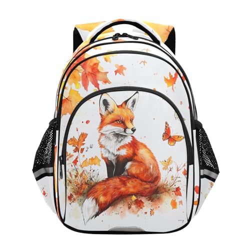 Watercolor Fall Leaf Butterfly Fox Backpack for Kids Elementary School Bag Boys Girls Bookbag Travel Backpack Daypack