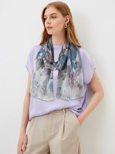 GERINLY Elegant Lady Scarf with Flower Print, Light Cotton Voile Head Wrap, Pretty Shawl (Light Grey)3