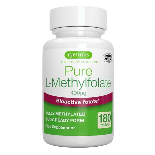 Igennus Metilfolato limpo 400 mcg, 180 comprimidos, forma de ácido fólico, 5-MTHF (vitamina B9), vegano, adequado para gravidez, fórmula pura, um comprimido por dia, fornecimento para 6 meses