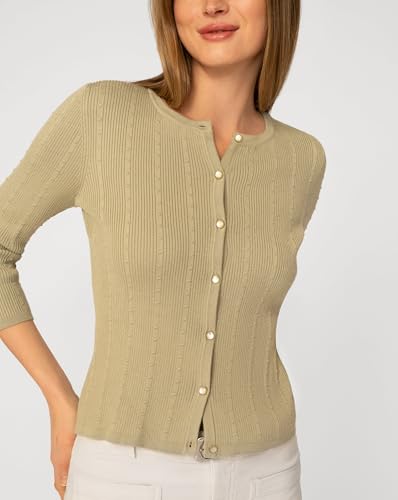 Image of Cable & Gauge 3 /4 Sleeve Cardigan for Women, Crew Neckline & Button Down Front, Stitch Detail