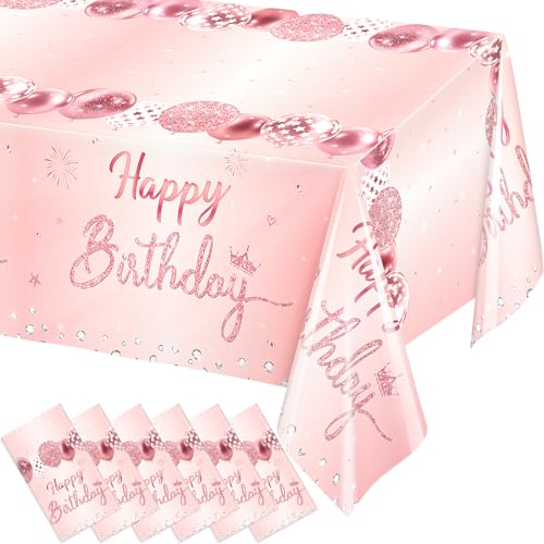 Image of WNINK 6 Pack Pink & Rose Gold Happy Birthday Tablecloths, Disposable Plastic Rectangular Table Covers for 6th 21st 30th 40th 50th Women Girls Birthday Party 54 x 108 Inches