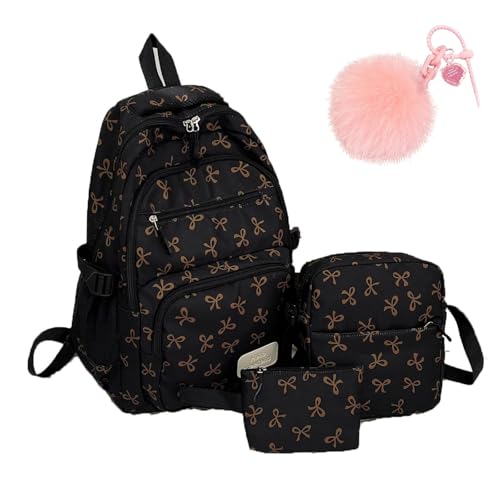 Bow Backpack 3Pcs Set, Cute Kawaii Coquette Pink Bag, Large Nylon Preppy Bookbag with Bows (brown)