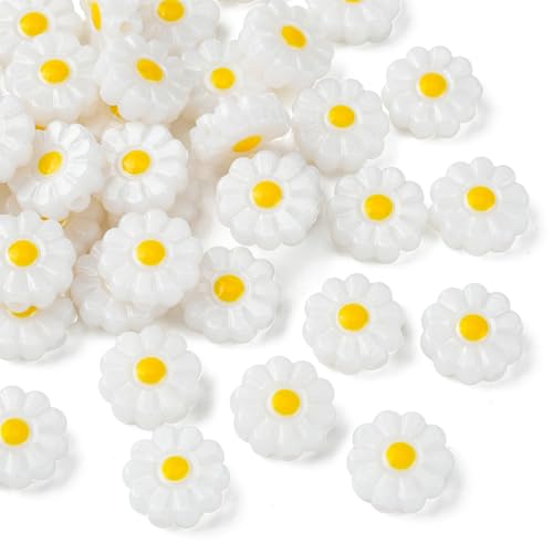 UR URLIFEHALL 40 Pcs Daisy Resin Beads Opaque White Flower Beads Plastic Floral Shaped Beads for Crafting DIY Jewellery Keychains Phone Straps