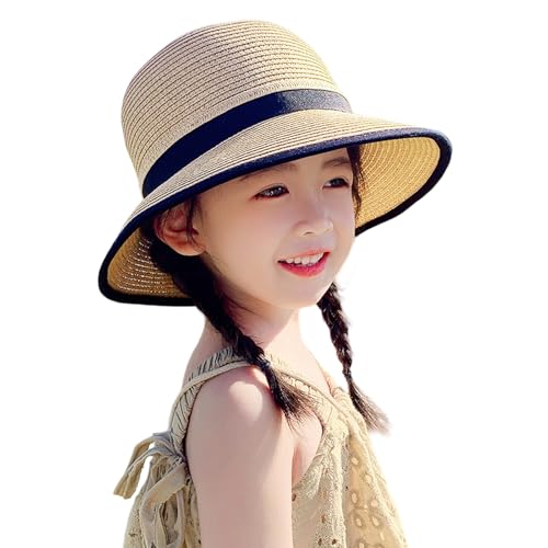 Breathable Wide Brim Sun Hat for Girls Summer UV Protection Straw Hats Floppy Beach Bucket Hat Fitted for Kids Toddlers