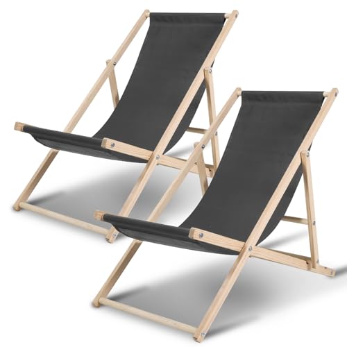 Jaxguom Liegestuhl 2er Set klappbar Holz Sonnenliege aus Kiefernholz mit 3-stufiger Lehne Belastbar bis 120kg 420D Oxford Gartenliege Doppelpack für Balkon Strand & Camping Grau
