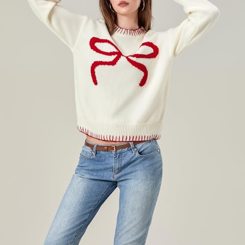 Image of Women Cute Bow Knit Sweater Y2k Long Sleeve Crew Neck Knitted Pullover Top Oversized Going Out Fall Winter Knitwear