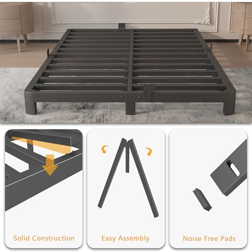 Image of 4 Inch Full Bed Frame, Platform Bed Frames with Metal Gaskets, Anti-Slip Mattress Stopper, No Box Spring Needed, Heavy Duty Steel Slat Support, Round Corner Leg, Easy Assembly, Black