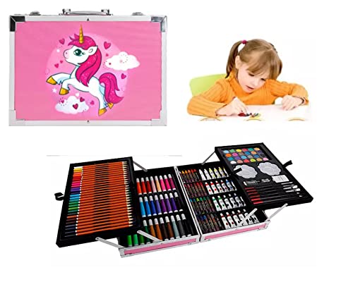 WARESHARK 145pcs Art Case 2 Capas Portable Coloring Painting Sets Lápiz Lápices Fieltro Punta Set Kids UK (Estuche Rosa) Cover