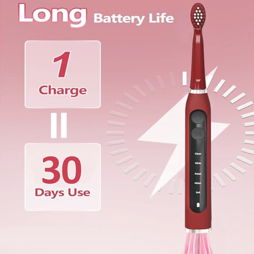 Image of Obvie Sonic Electric Toothbrush For Adults With 5 Modes, 3 Brush Heads, Rechargeable & IPX7 Waterproof, 30-Day Battery Backup, Automatic Power Toothbrush for Men Woman (Red)