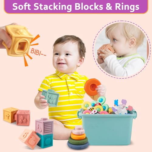 Plunack 6 in 1 Montessori Baby Toys for 6-12 Months — Stacking Blocks & Rings, Pull String, Suction Cup Spinner, Matching Eggs Shape Sorter & Sensory Bin, Infant Developmental Gift Set - Image 2