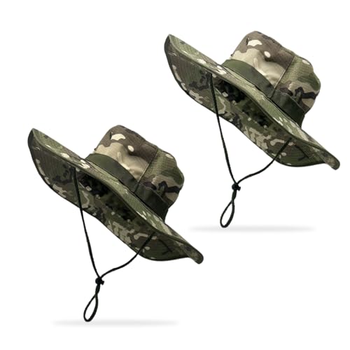 FUIPVGI 2 Piezas Sombrero Hombre Verano, Sombrero de Pescador Plegable, Tactical Boonie Hat, Militar Camuflaje Pescador, Sombrero de Sol de Verano, para Caza Senderismo montañismo y Camping (Verde)