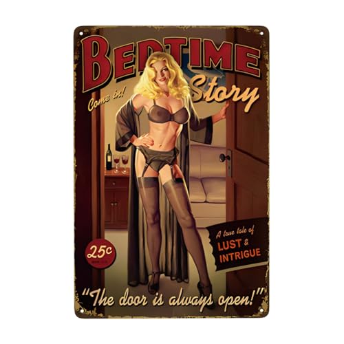 Bugana Pin Up Girl Bedtime Story Always Open Vintage Metallschild, Retro-Blechschild, sexy Mädchen-Poster für Männer, Höhle, Bar, Garage, Pubs, Hotel, Wandkunst, Dekoration, 20,3 x 30,5 cm