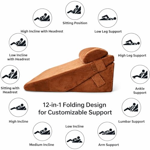 Image of Grin Health Orthopedic Bed Wedge Pillow with Head Rest High Density Adjustable Wedge Cushion for Sleeping, Acid Reflux, Heartburn, GERD, Leg Support Pillow, Back Support, Pregnancy Pillow (Brown)