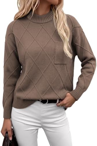 Theenkoln Pullover Damen Strickpullover Stehkragen mit Brusttasche | Elegant & Casual Feinstrick Pulli für Herbst Winter. Langarm Oberteile mit Vintage Rautenmuster, Stehkragen und