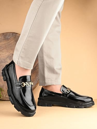 Image of Aaravin's Shiny Synthetic Patent Leather Slip-On Loafers | Chunky TPR Sole Moccasins with Stylish Metallic Buckle | Trendy Comfortable Footwear for Parties, Office and Daily Use