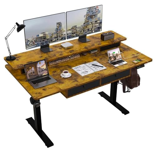 Electric Standing Desk, 63 * 30 Inches Adjustable Height with 4 Drawers, Double Storage Shelves Stand Up Desk, Home Office Workstation Sit Stand up Desk (Rustic Brown)