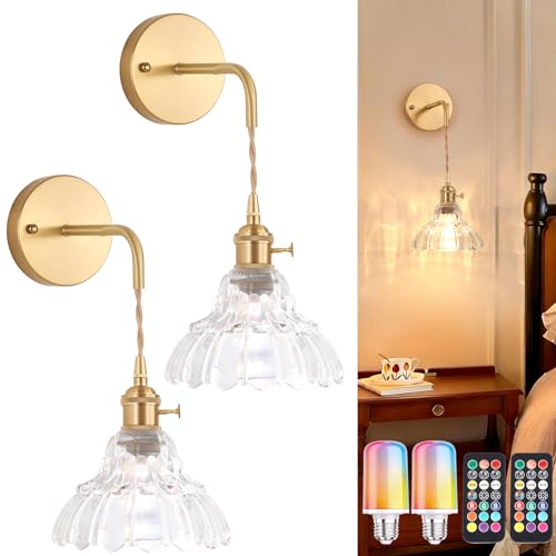 Image of Shenmoyl Vintage Battery Operated wall sconces Set of 2, Wall Lamps with Clear Lily of the Shade Pattern Glass, Adjustable Chain Gold Wall Lights, sconces wall Decor for Stairway Living Room Doorway