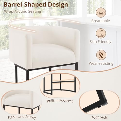 Image of LUE BONA Counter Height Bar Stools Set of 6, Modern Barrel Counter Stools with Backrest and Arms, Black Metal Frames, Linen Fabric Upholstered Accent Barstools for Kitchen Island, Beige