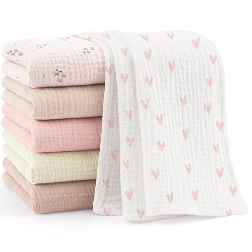 Bearmoss Muselinas Bebe Algodon 60x60cm,6 Piezas 100% Algodón Super Suave Transpirable y Extremadamente Absorbente Gasas para Bebes, Muselinas de Algodón para Recién Nacidos Bebés (Corazón Rosa)