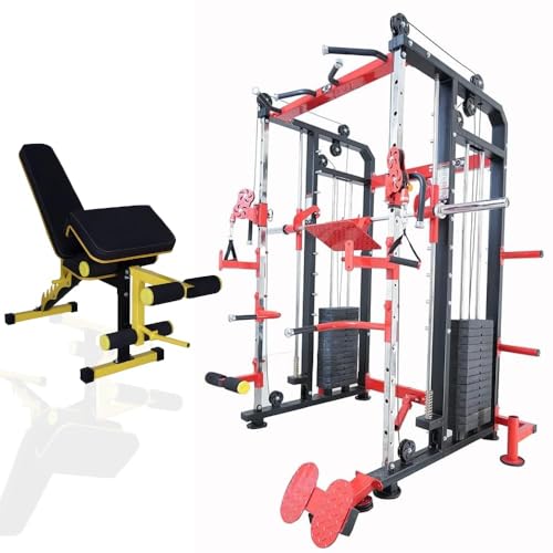 Image of GYM24 EQUIPMENTS Sonata Functional Trainer with Smith Machine & Power Cage | Dual 80 kg PVC Weight Stack 160 kg Total | Multi Gym with Bench Pull Up Bar Dip Bars Leg Press Landmine | Red Black