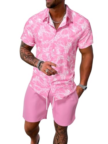 COZYEASE Men's Summer Vacation Button Down Short Sets 2 Piece Outfits Sets Casual Hawaiian Beach Shirt with Shorts Pink Medium