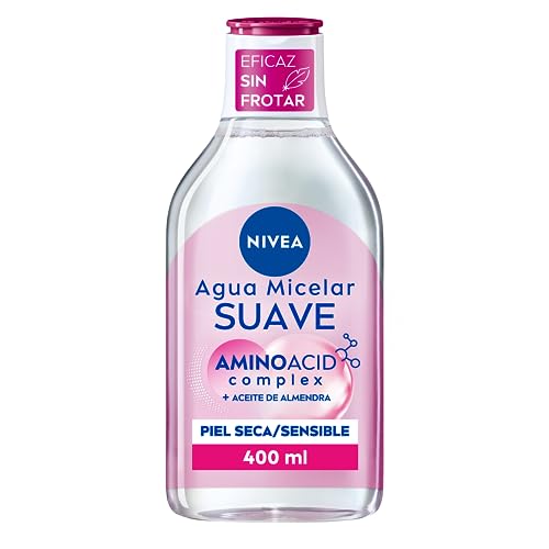 NIVEA Agua micelar Suave para Piel Seca/Sensible (1 x 400 ml), desmaquillante para limpieza facial con aceite de almendras, desmaquillador de ojos y rostro