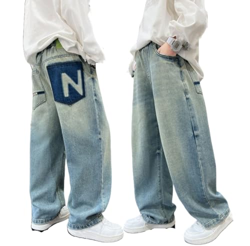 Boys Baggy Denim Pants Straight Wide Leg Cargo Jeans Casual Elastic Waist Loose Fit Pants Y2K Streetwear with Pockets2