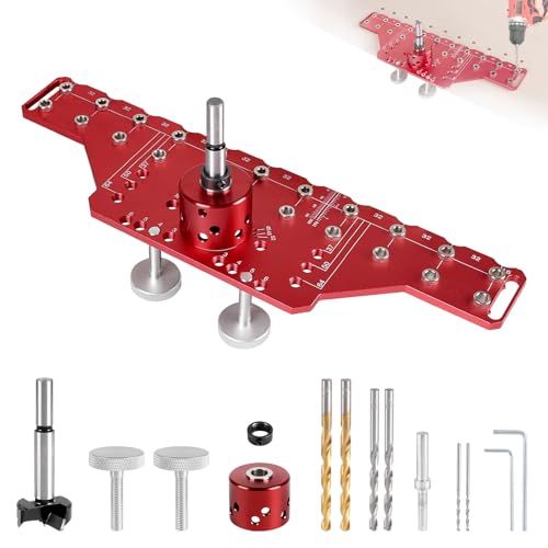 SUPAWAY Gabarit de perçage aligné 2-en-1 pour chevilles d'étagère et charnières 35mm Gabarit en aluminium avec forets 5mm et 1/4 pouce, outil parfait pour le bricolage et la menuiserie (Modèle Long)