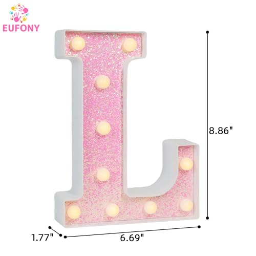 Image of Pink Glitter Marquee Light Up Letters, Battery Operated LED Letter Lights Signs for Pink Birthday Party Table Decorations, Wall Decor for Girls Bedroom, Initial Letter L with Warm White Lights